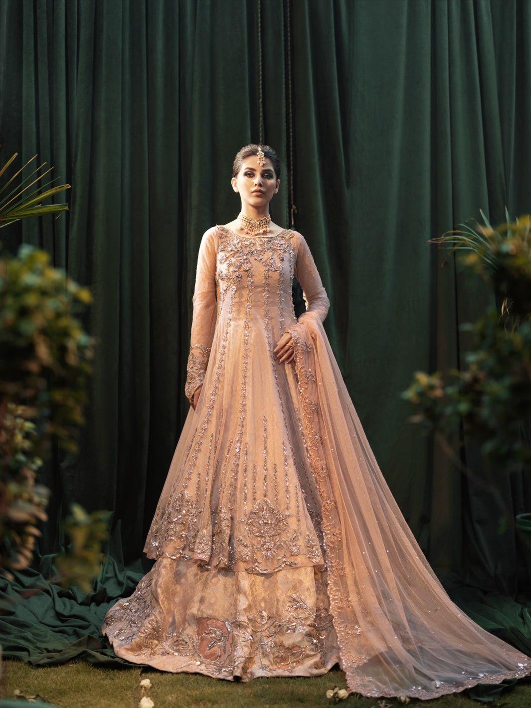Salmon Peach Embellished Net Gown with Brocade Lehenga (3-Piece) - Image 1