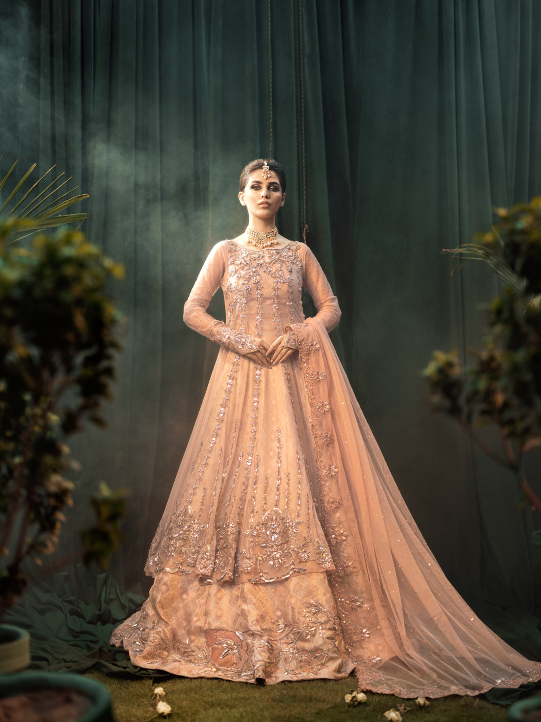 Salmon Peach Embellished Net Gown with Brocade Lehenga (3-Piece) - Image 2