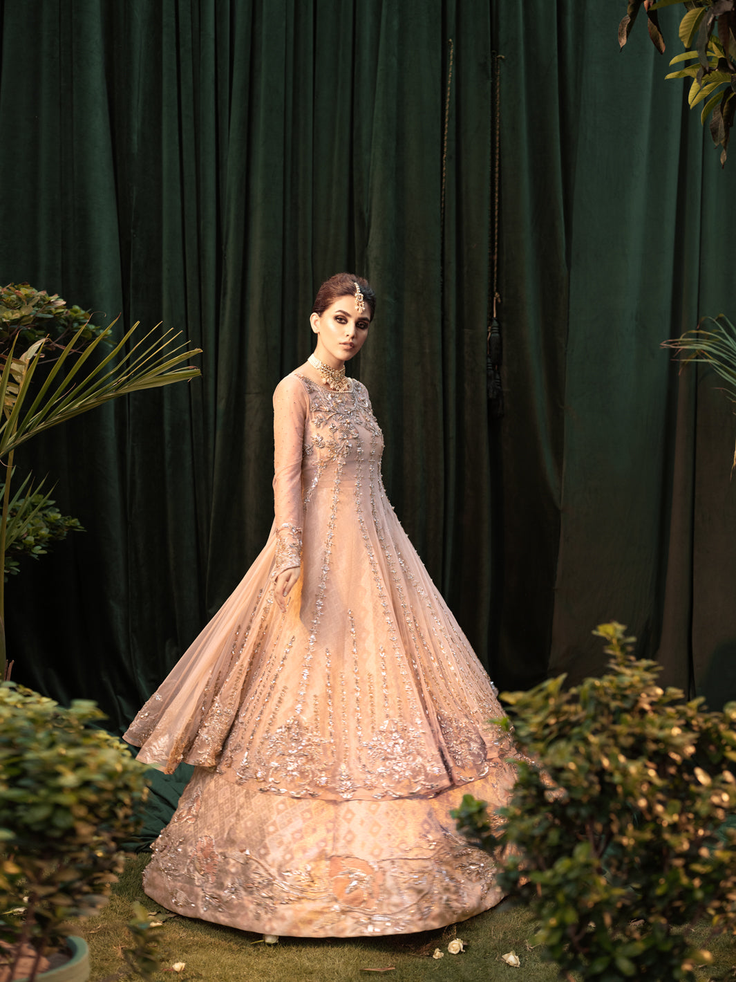Salmon Peach Embellished Net Gown with Brocade Lehenga (3-Piece) - Image 3