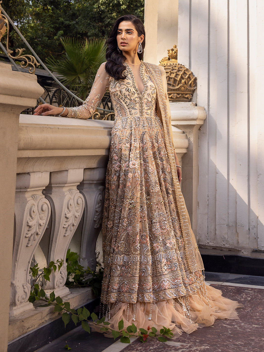 Pakistani Dusky Peach Embellished Net Floor-Length Gown (2-Piece) - Image 2