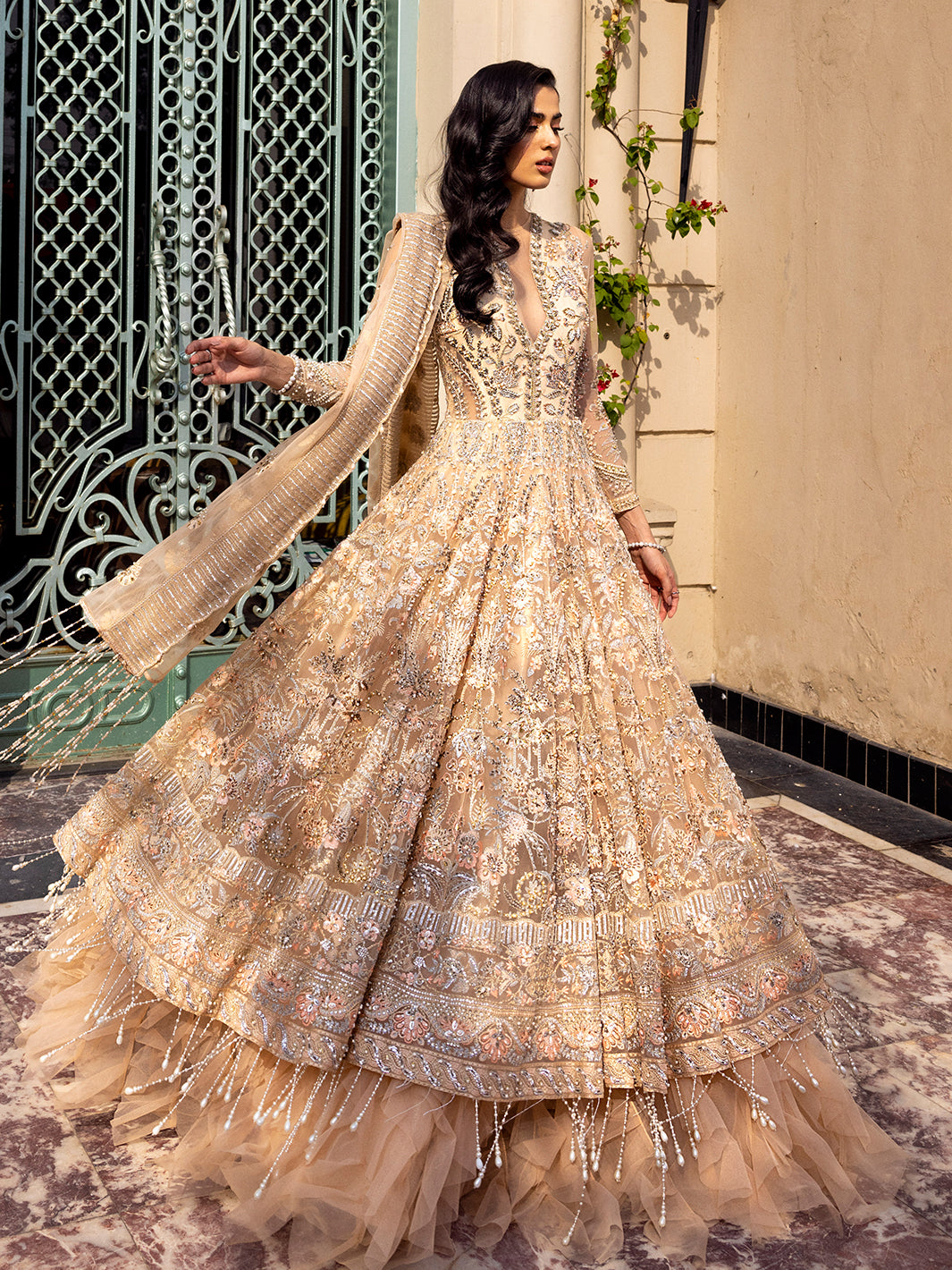 Pakistani Dusky Peach Embellished Net Floor-Length Gown (2-Piece) - Image 3