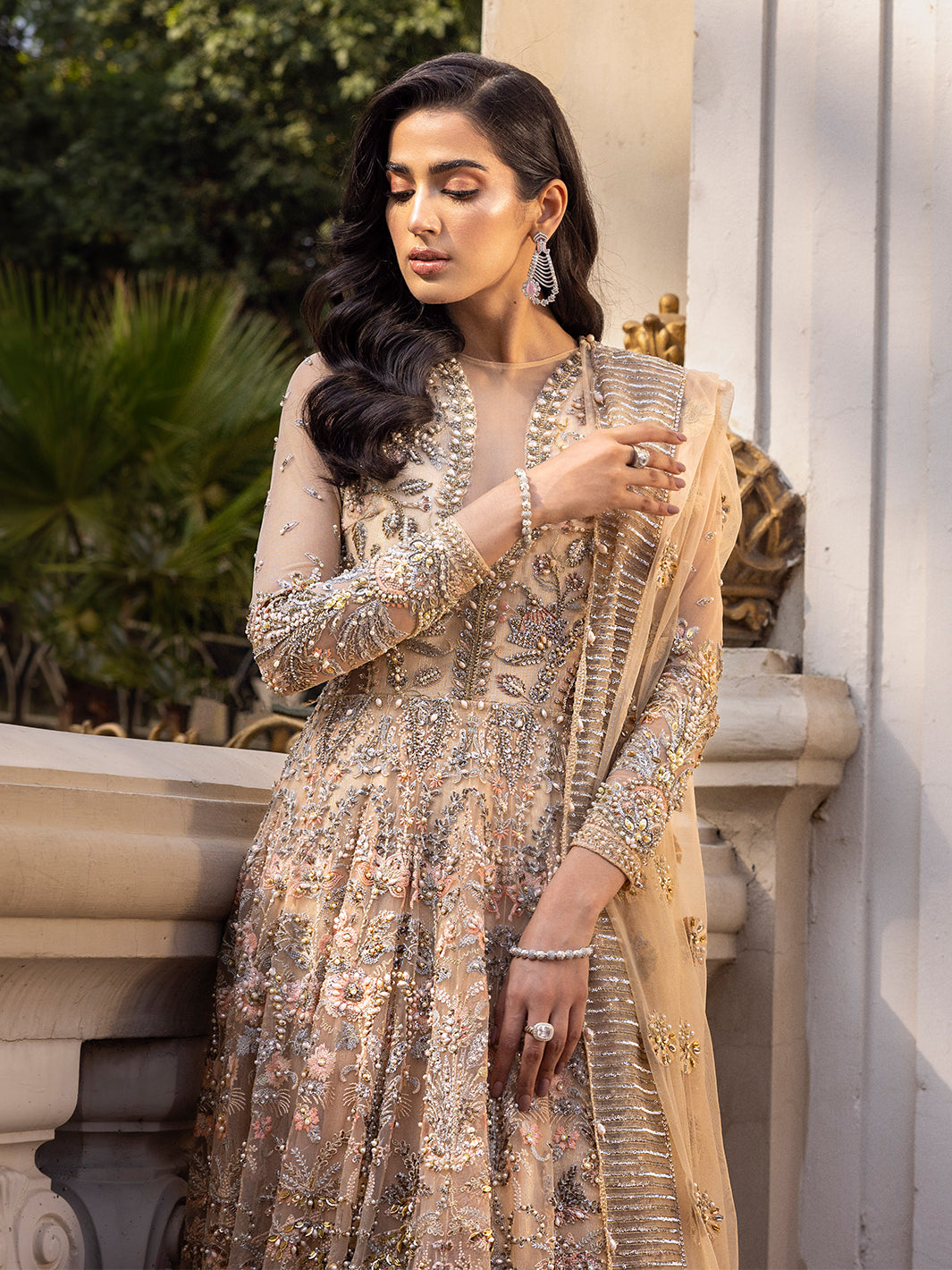 Pakistani Dusky Peach Embellished Net Floor-Length Gown (2-Piece) - Image 6