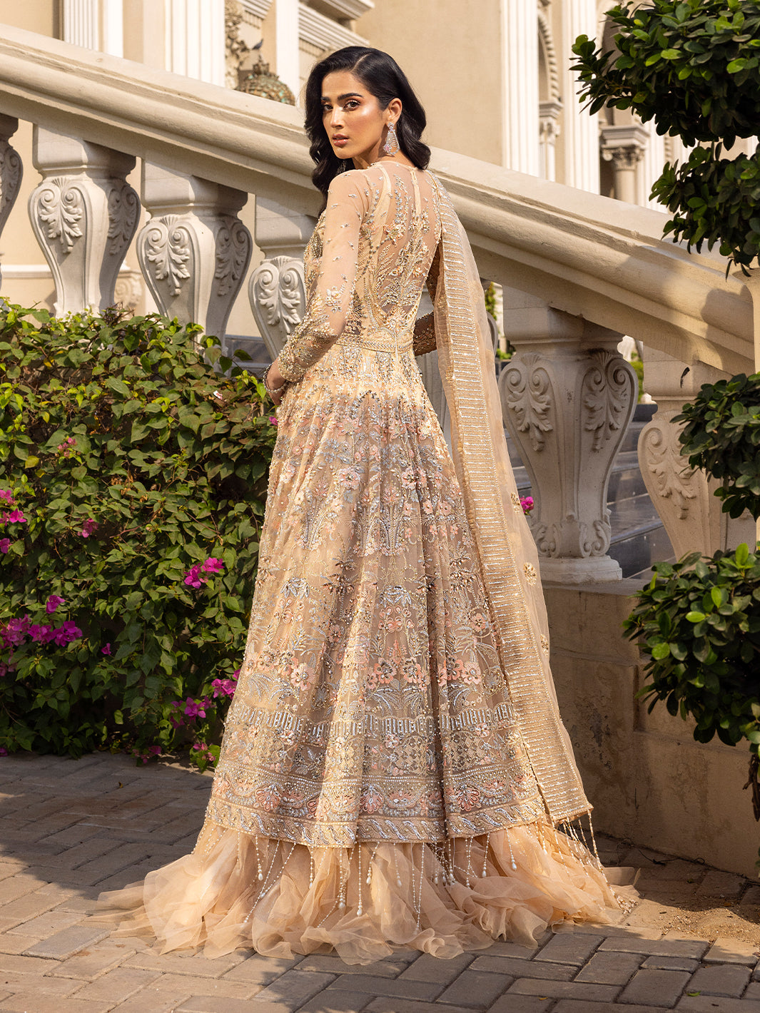 Pakistani Dusky Peach Embellished Net Floor-Length Gown (2-Piece) - Image 8