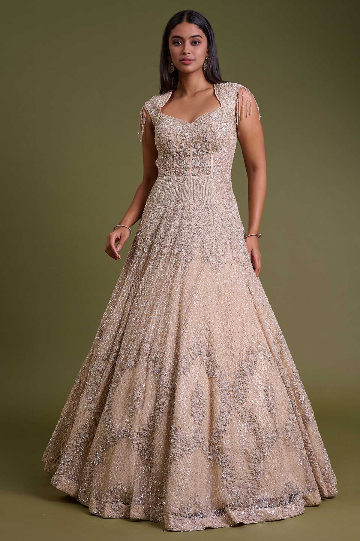 Indian Light Peach Sequined Net Bridal Gown (2-Piece) - Image 1