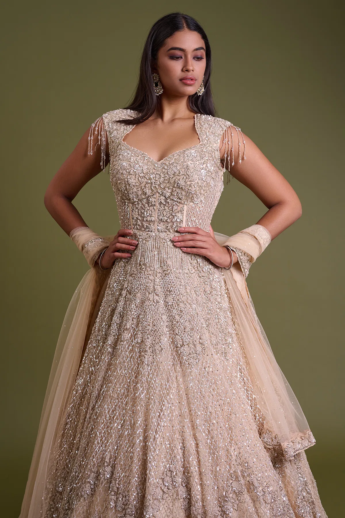 Indian Light Peach Sequined Net Bridal Gown (2-Piece) - Image 2