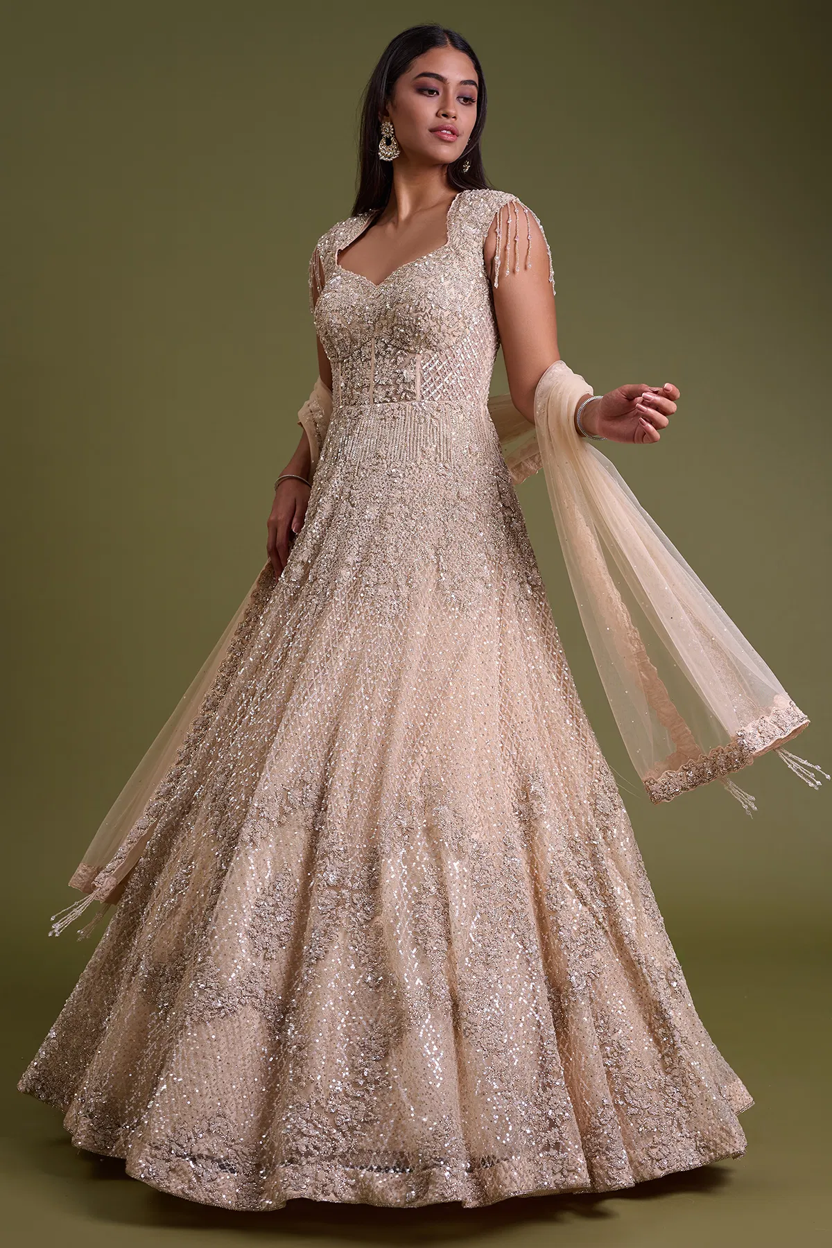 Indian Light Peach Sequined Net Bridal Gown (2-Piece) - Image 3
