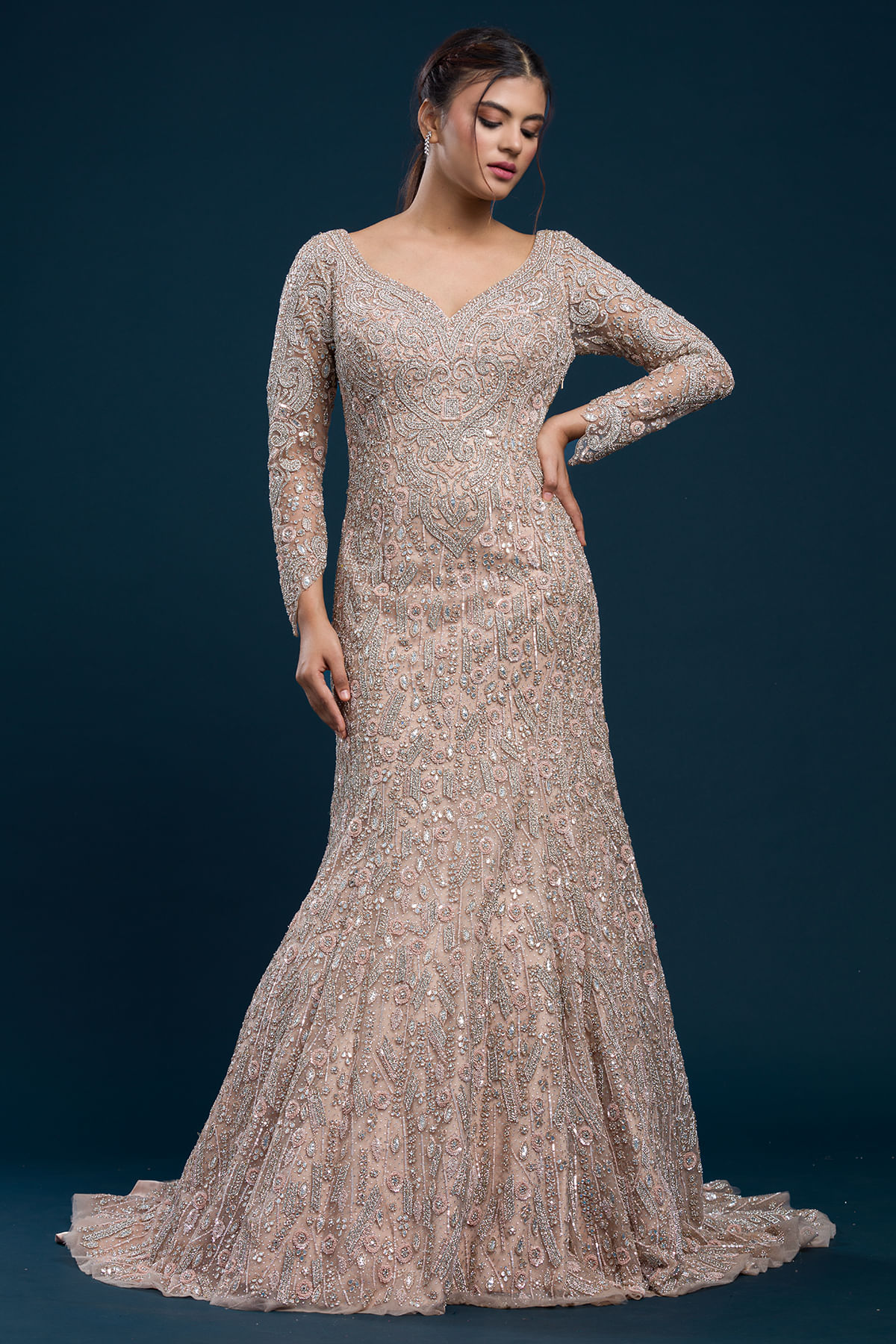 Indian Dusty Peach Sequined Net Fishtail Gown (1-Pc) - Image 1