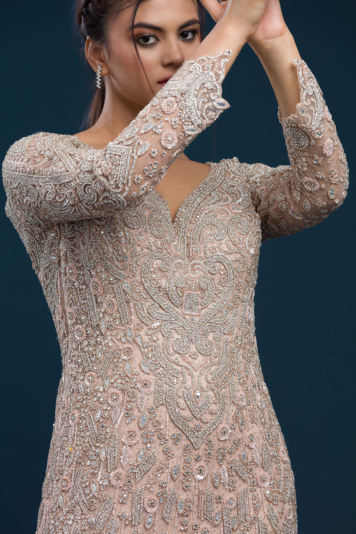 Indian Dusty Peach Sequined Net Fishtail Gown (1-Pc) - Image 2