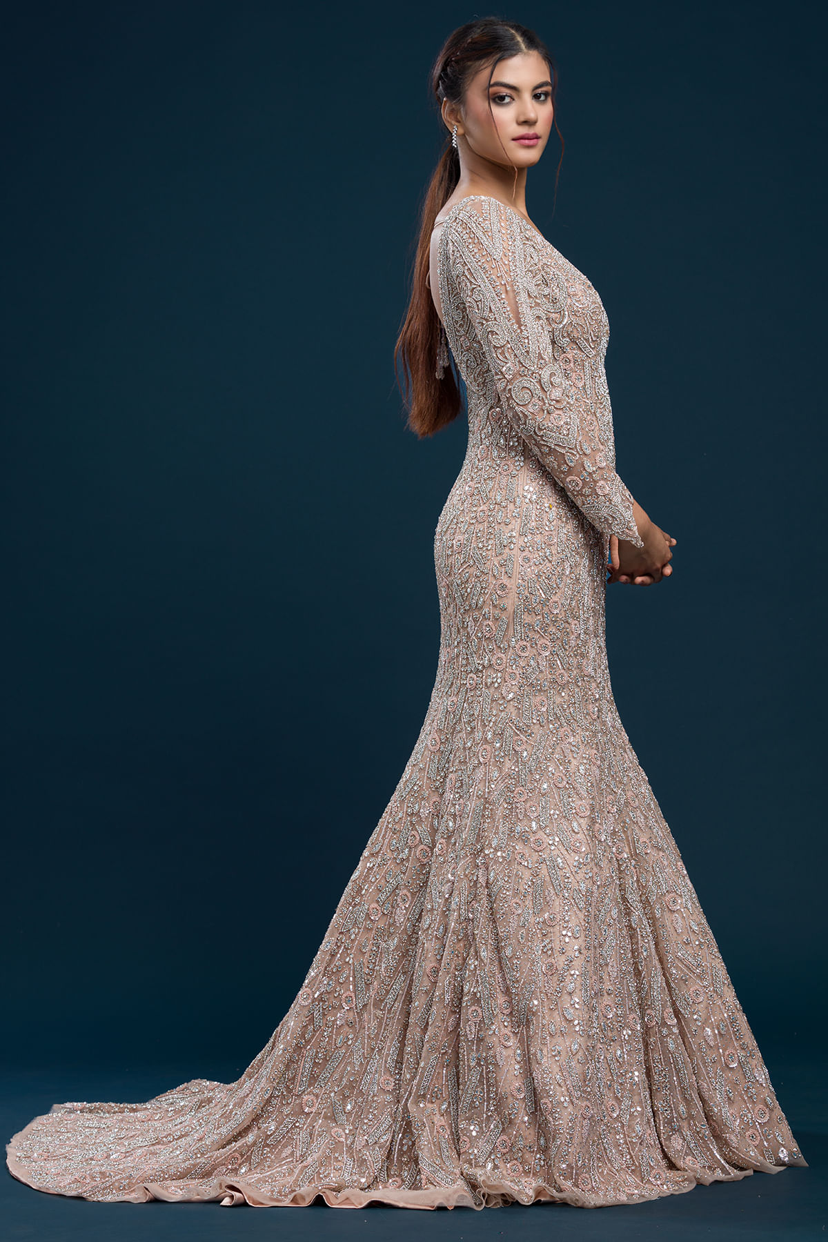 Indian Dusty Peach Sequined Net Fishtail Gown (1-Pc) - Image 3