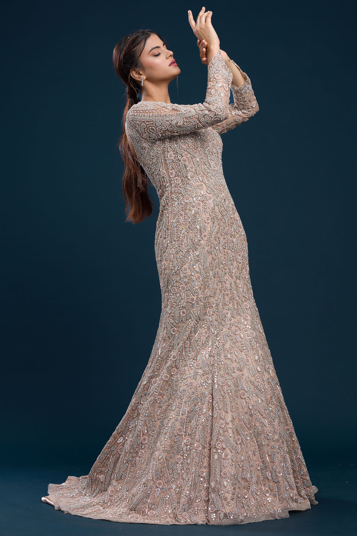 Indian Dusty Peach Sequined Net Fishtail Gown (1-Pc) - Image 4