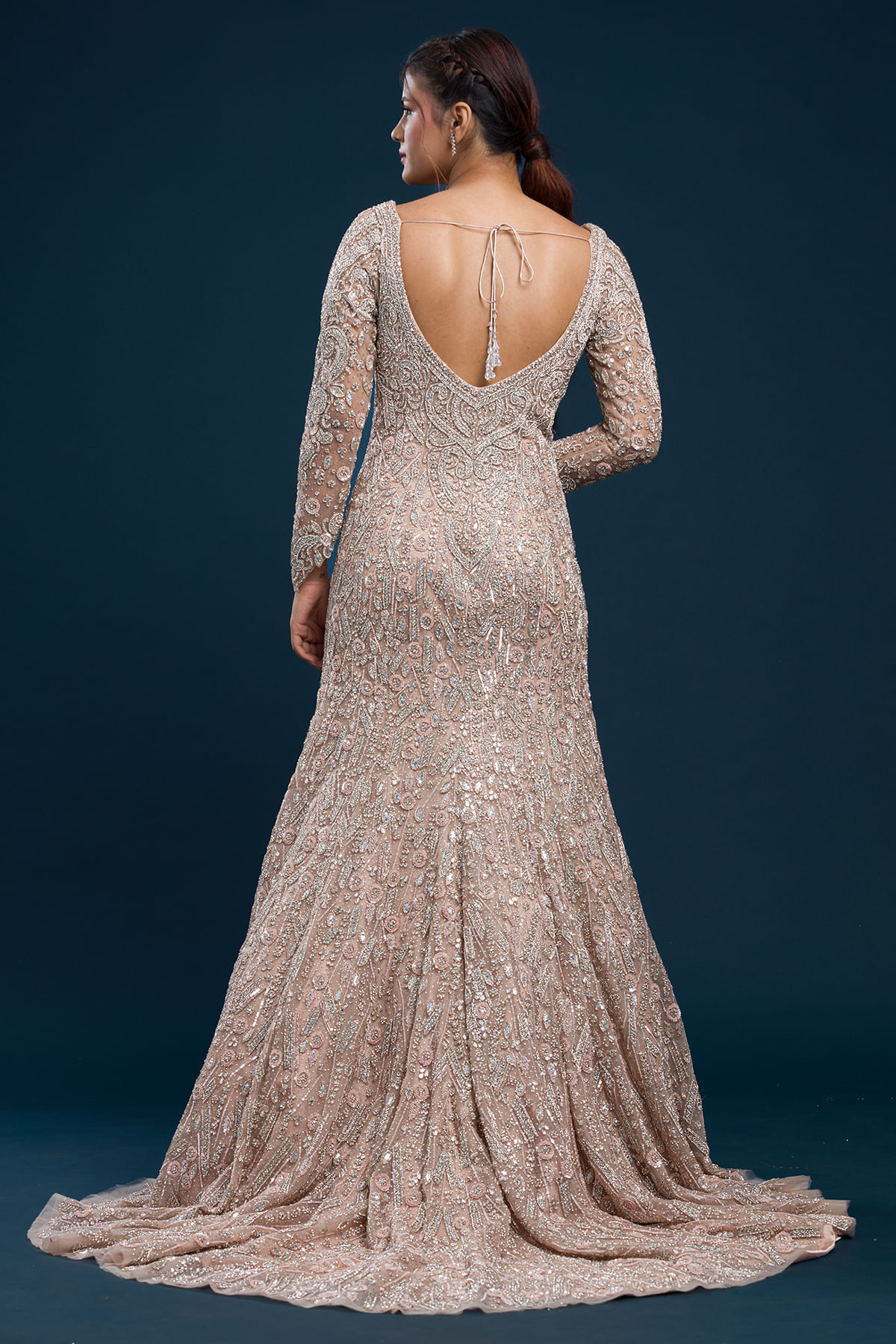 Indian Dusty Peach Sequined Net Fishtail Gown (1-Pc) - Image 5