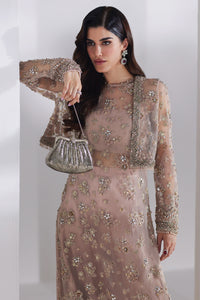 Pakistani Salmon Peach Embellished Net Silk Gown (3-Piece) - Image 1