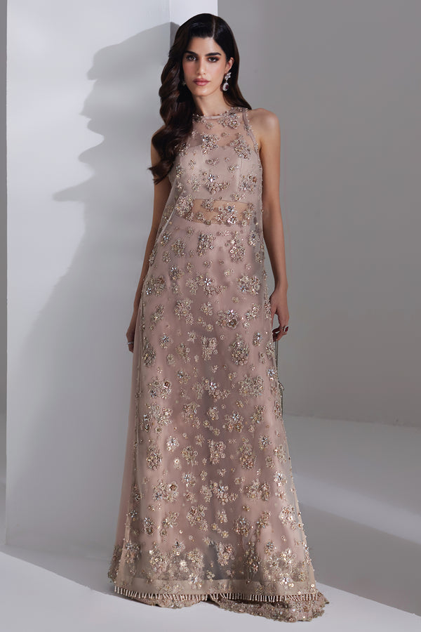 Pakistani Salmon Peach Embellished Net Silk Gown (3-Piece) - Image 3