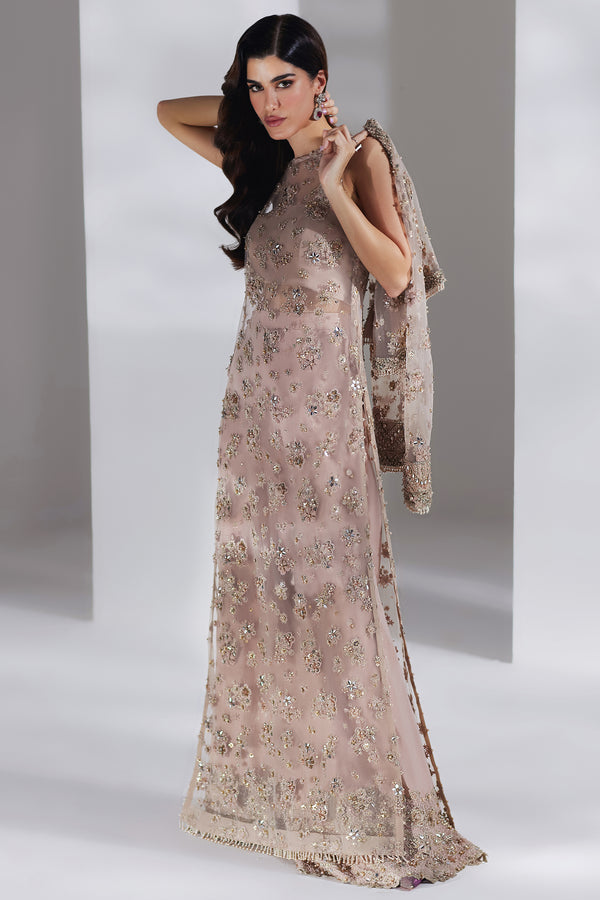 Pakistani Salmon Peach Embellished Net Silk Gown (3-Piece) - Image 4