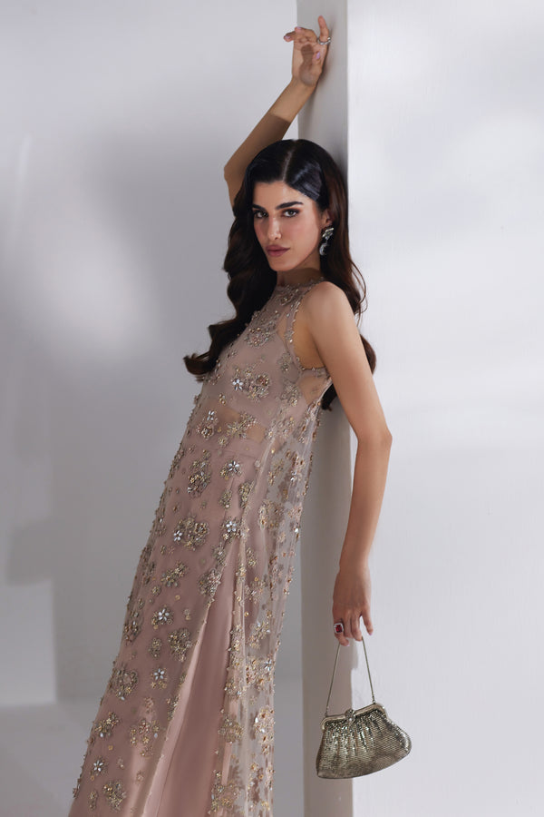 Pakistani Salmon Peach Embellished Net Silk Gown (3-Piece) - Image 6