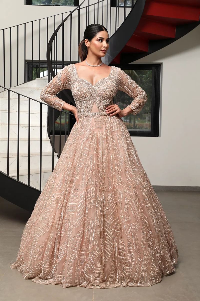 Indian Pastel Peach Embellished Net Bridal Gown (1-Pc) - Image 1