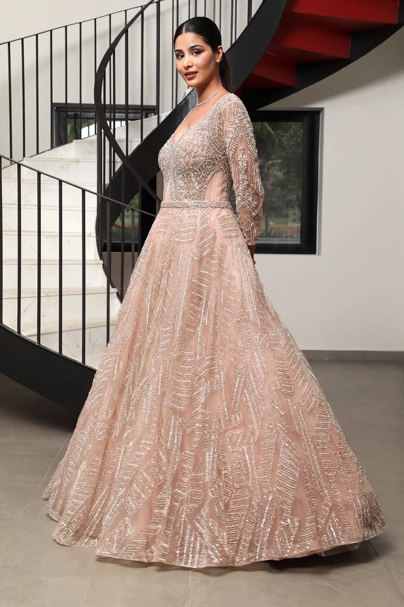 Indian Pastel Peach Embellished Net Bridal Gown (1-Pc) - Image 3