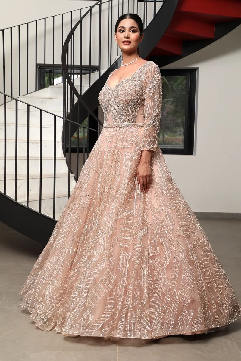 Indian Pastel Peach Embellished Net Bridal Gown (1-Pc) - Image 4