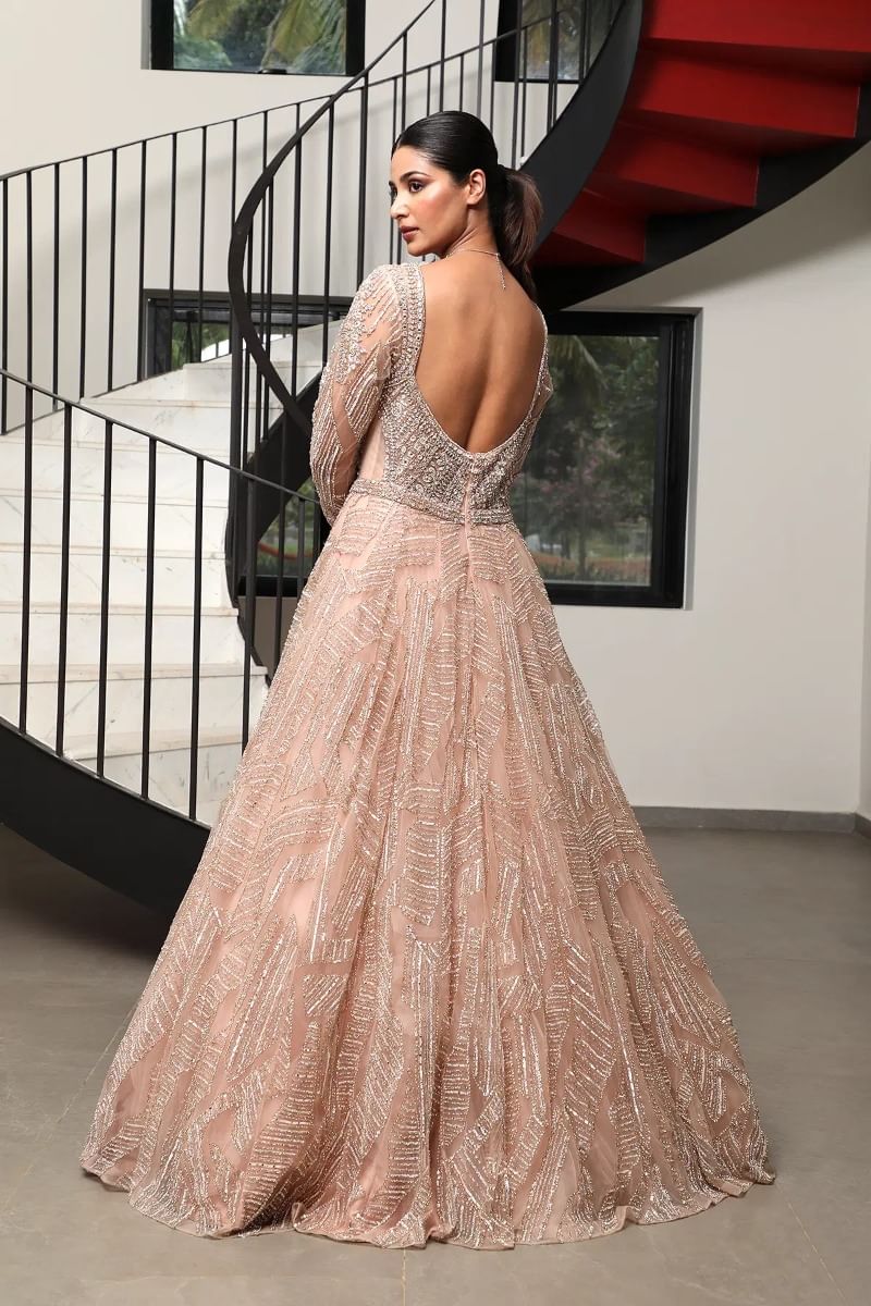 Indian Pastel Peach Embellished Net Bridal Gown (1-Pc) - Image 7