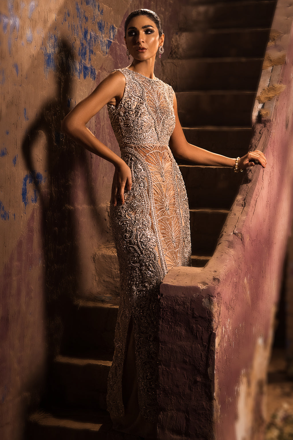 Peach Off-White Embroidered Net Gown (1-Pc) - Image 11