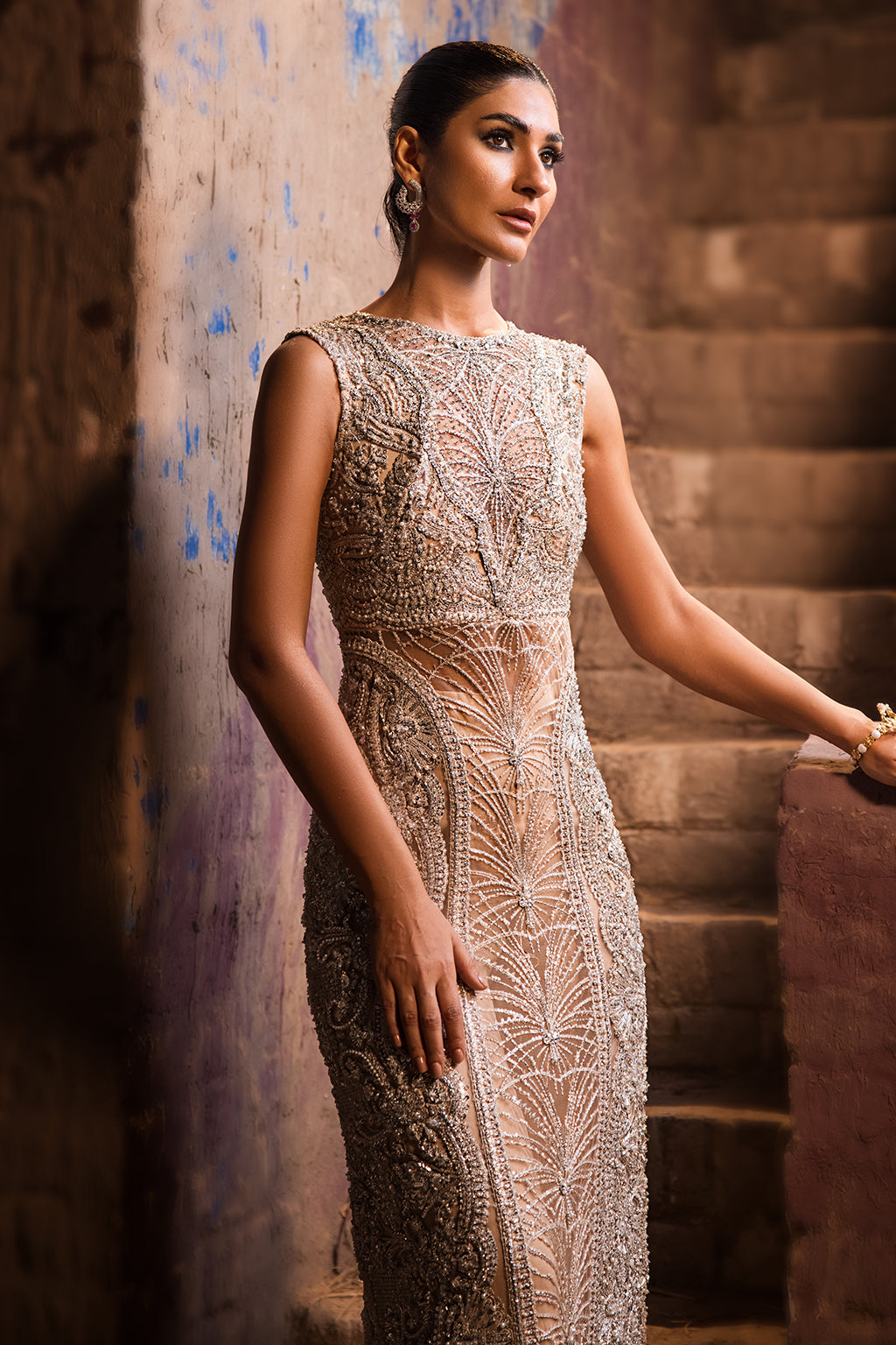 Peach Off-White Embroidered Net Gown (1-Pc) - Image 14