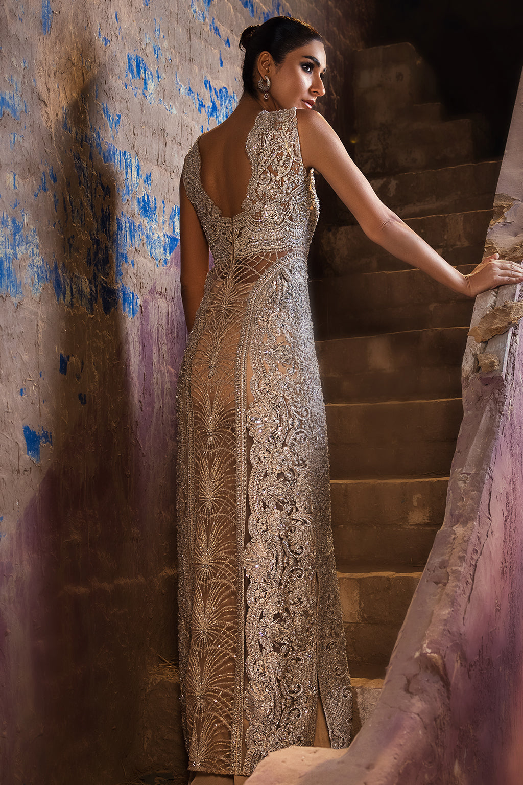 Peach Off-White Embroidered Net Gown (1-Pc) - Image 2