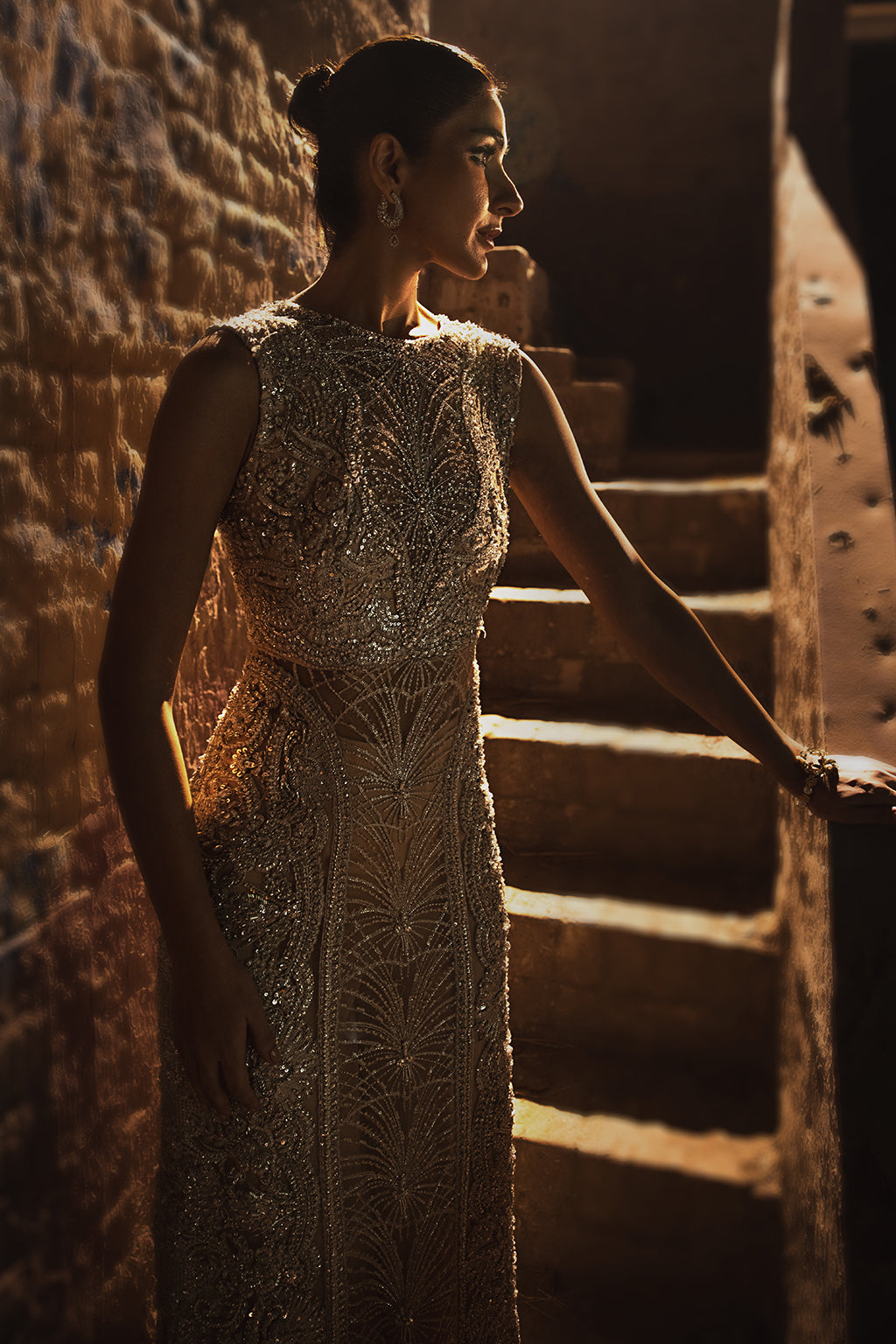 Peach Off-White Embroidered Net Gown (1-Pc) - Image 8