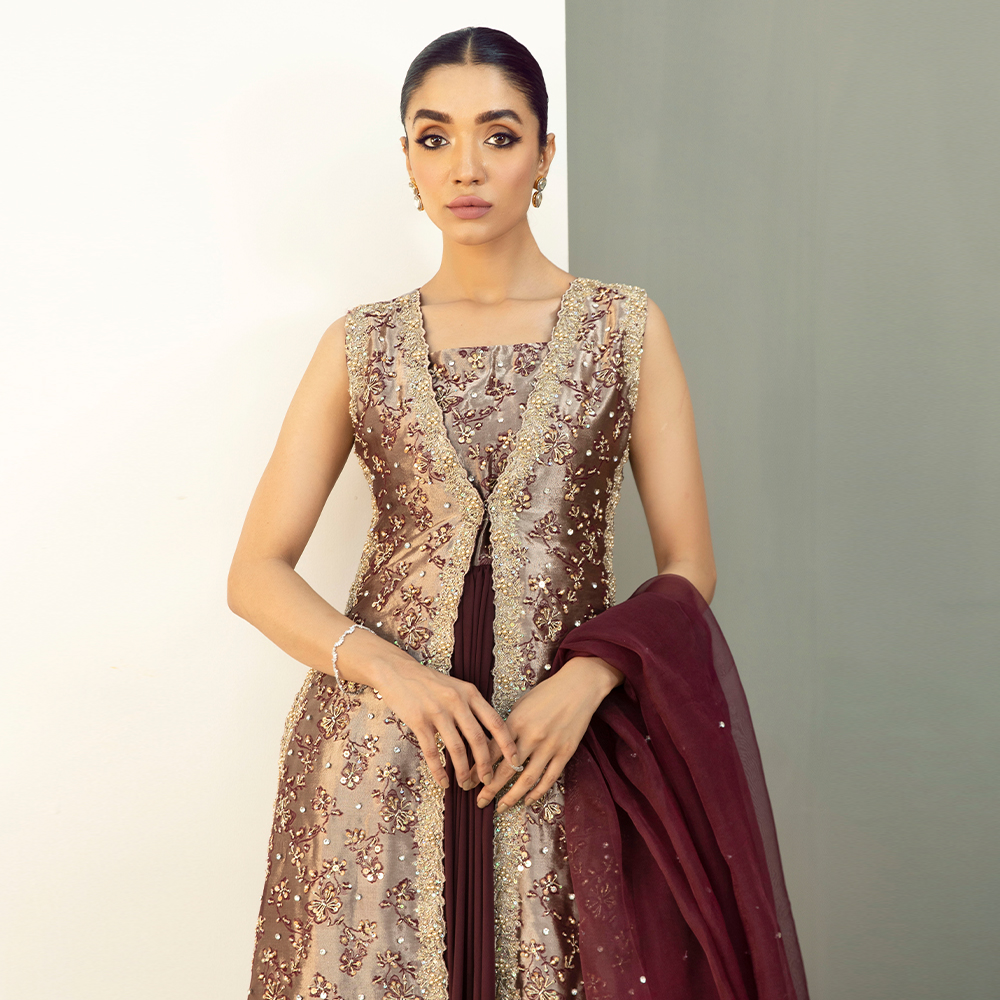 Antique Peach Zardozi Pure Tissue Gown (3-Piece) - Image 1