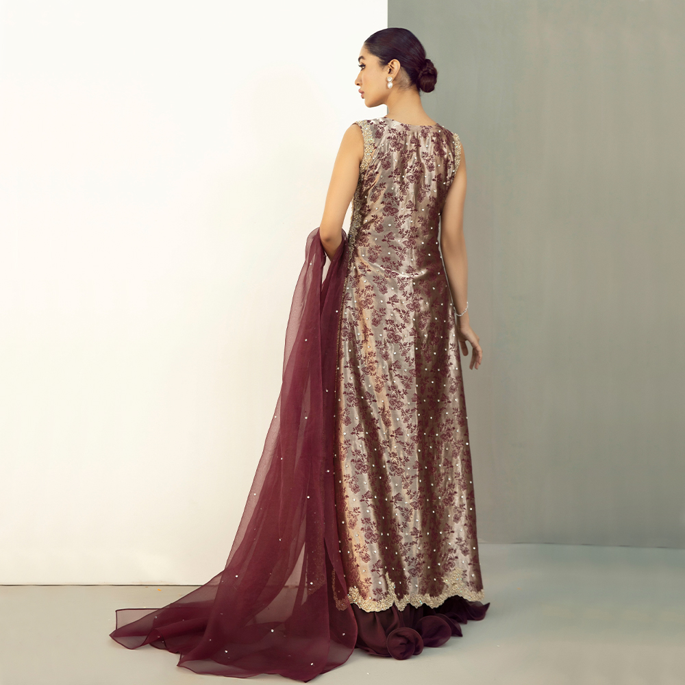 Antique Peach Zardozi Pure Tissue Gown (3-Piece) - Image 2