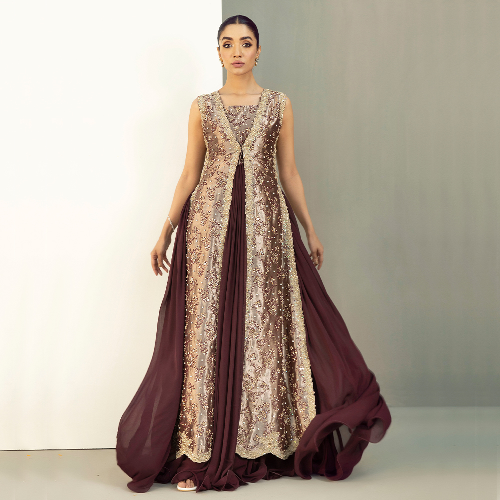 Antique Peach Zardozi Pure Tissue Gown (3-Piece) - Image 3