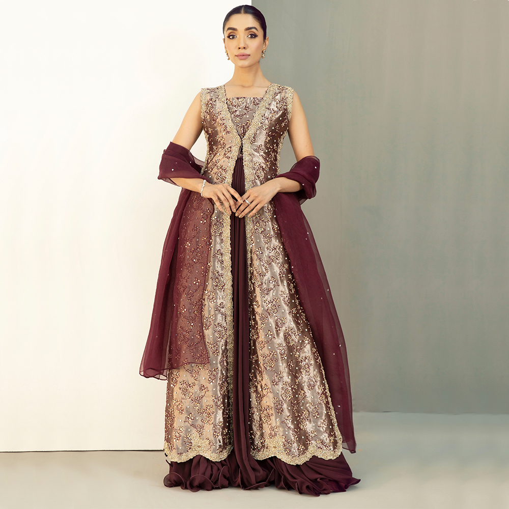 Antique Peach Zardozi Pure Tissue Gown (3-Piece) - Image 4