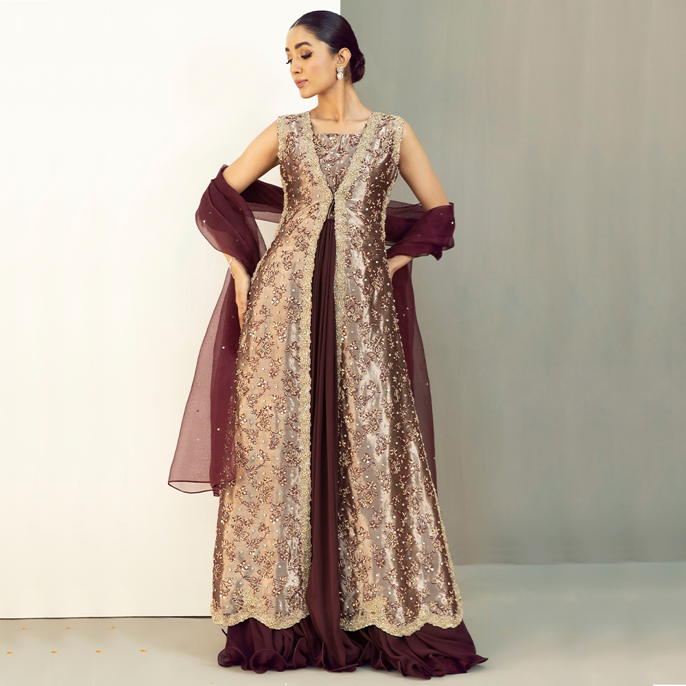 Antique Peach Zardozi Pure Tissue Gown (3-Piece) - Image 5