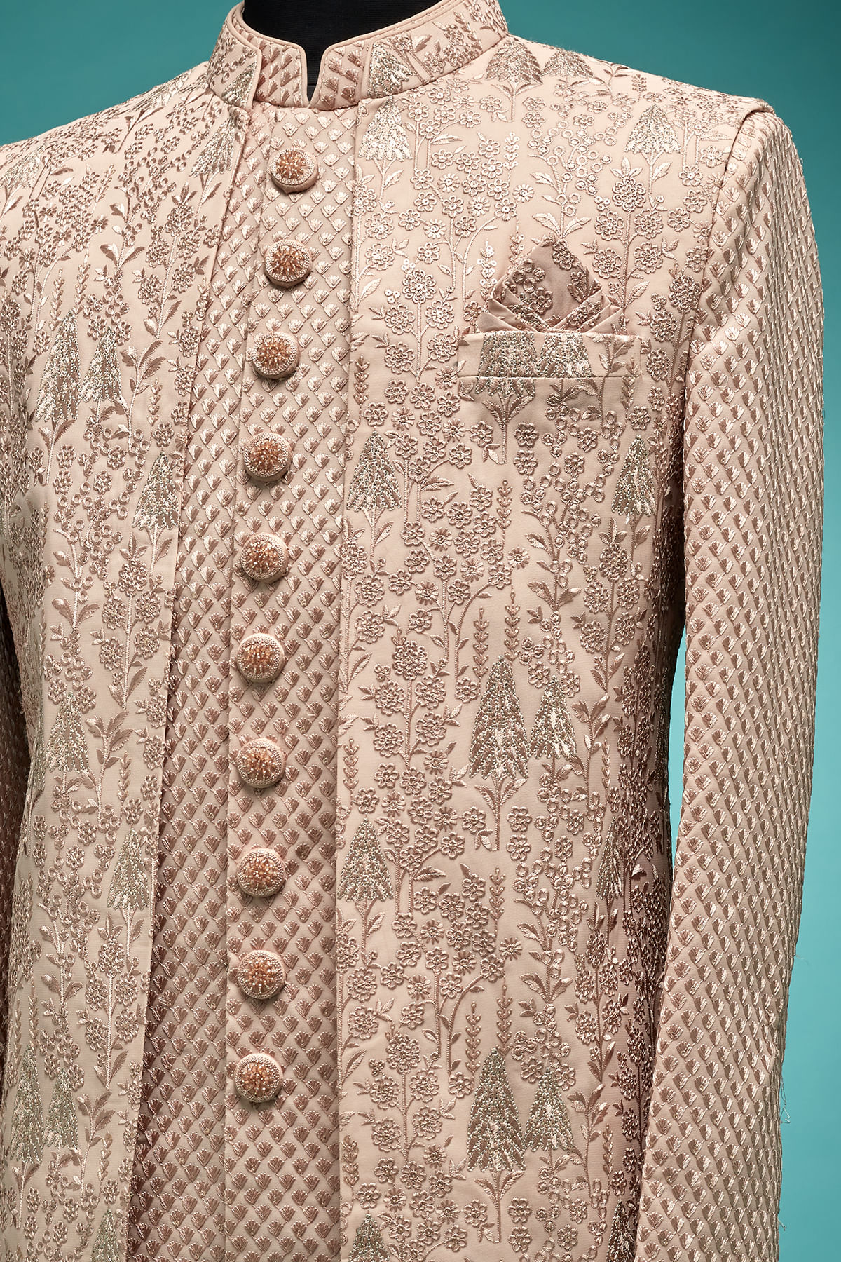 Peach Embroidered Silk Indo-Western Sherwani (2-Piece) - Image 2