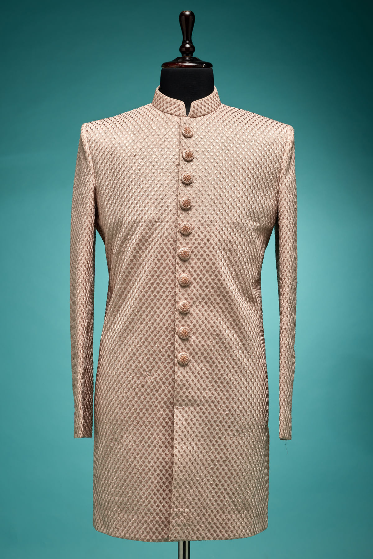 Peach Embroidered Silk Indo-Western Sherwani (2-Piece) - Image 3
