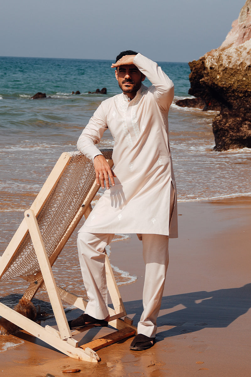 Light Peach Embroidered Cotton-Silk Kurta Pajama (2-Piece) - Image 1