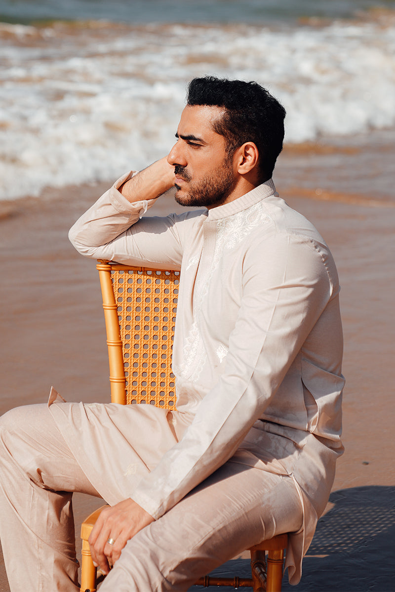 Light Peach Embroidered Cotton-Silk Kurta Pajama (2-Piece) - Image 2