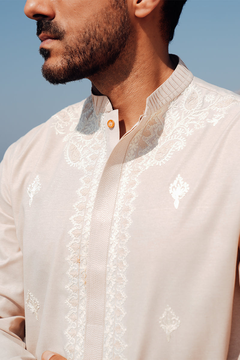 Light Peach Embroidered Cotton-Silk Kurta Pajama (2-Piece) - Image 3