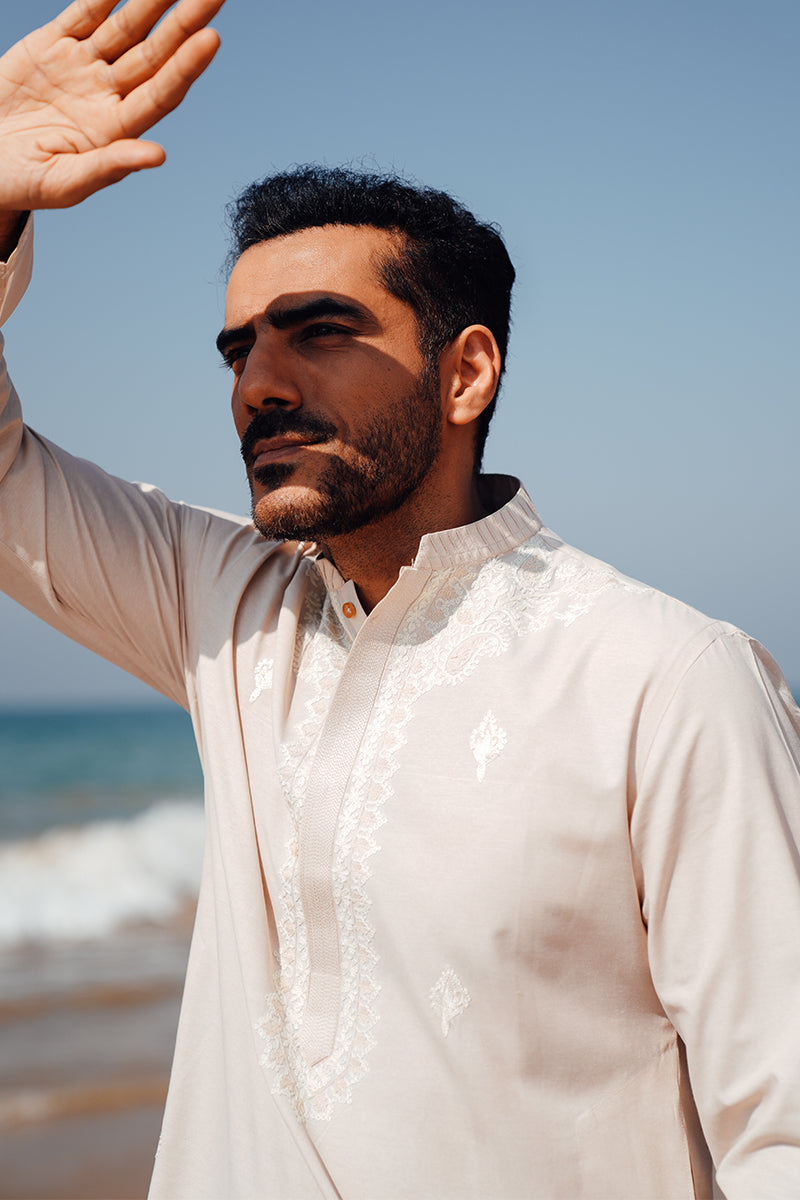 Light Peach Embroidered Cotton-Silk Kurta Pajama (2-Piece) - Image 4