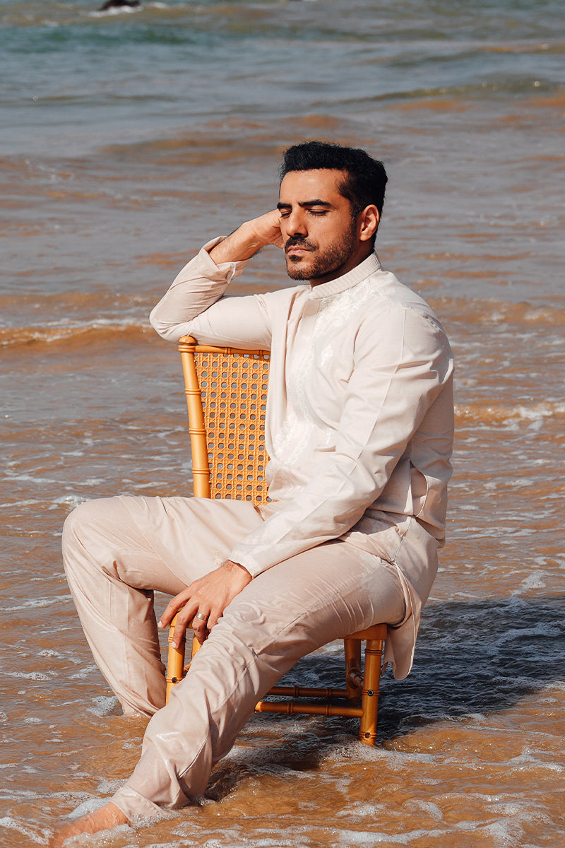 Light Peach Embroidered Cotton-Silk Kurta Pajama (2-Piece) - Image 5