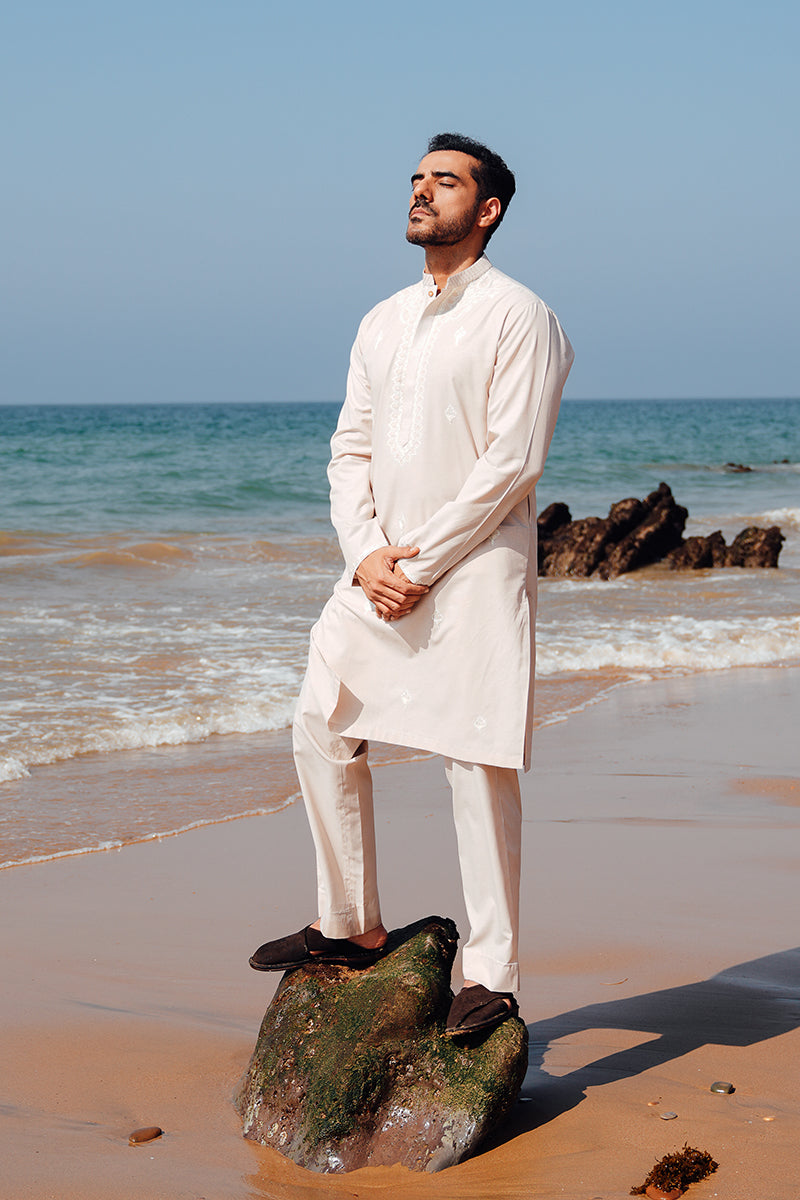 Light Peach Embroidered Cotton-Silk Kurta Pajama (2-Piece) - Image 6
