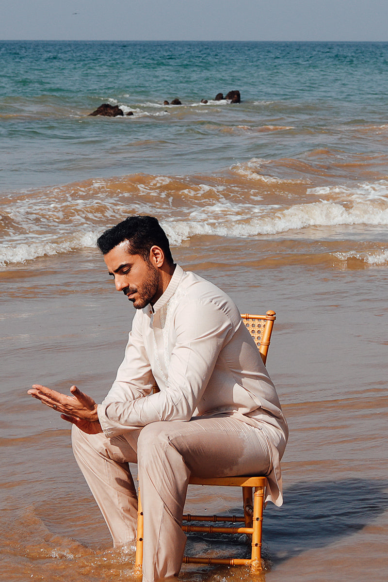 Light Peach Embroidered Cotton-Silk Kurta Pajama (2-Piece) - Image 7