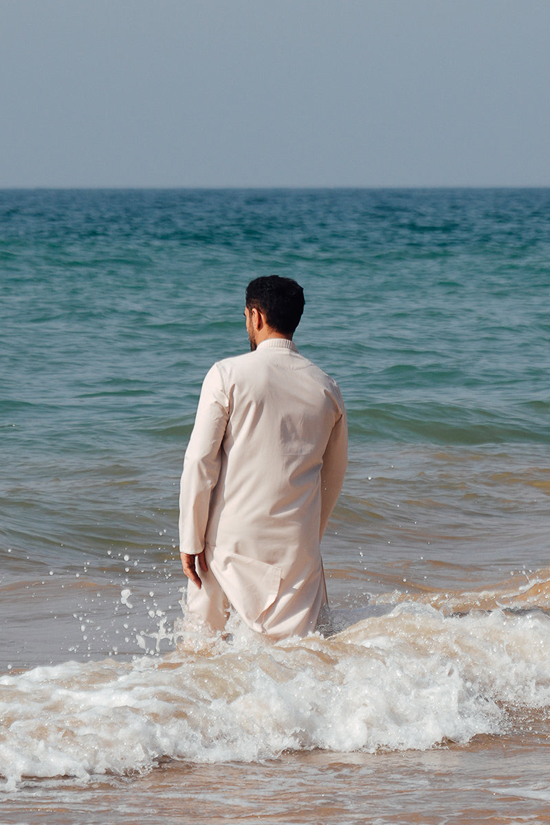 Light Peach Embroidered Cotton-Silk Kurta Pajama (2-Piece) - Image 8