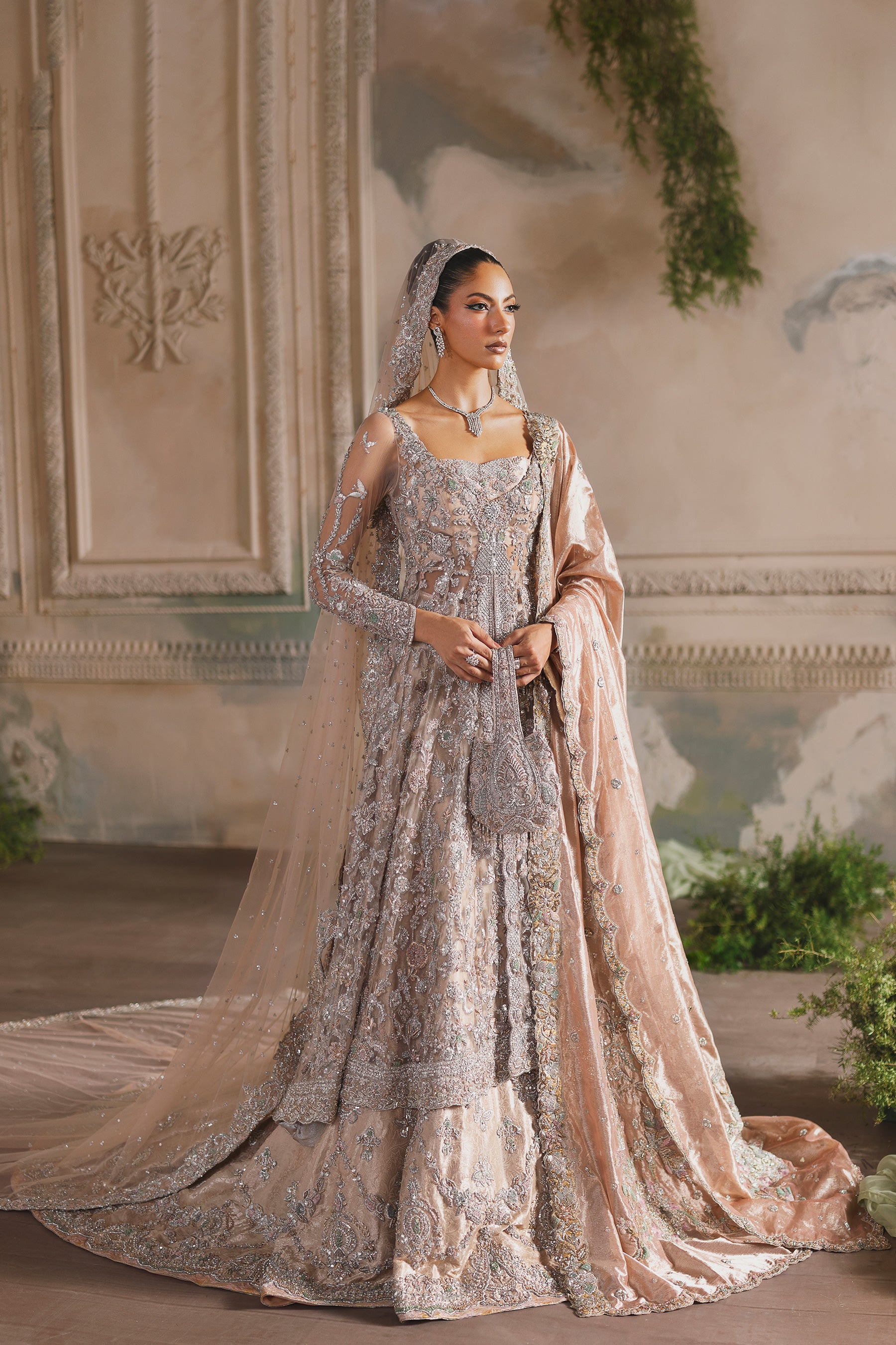 Pakistani Champion Peach Zardozi Net Peshwas & Brocade Lehnga (5-Piece) - Image 2