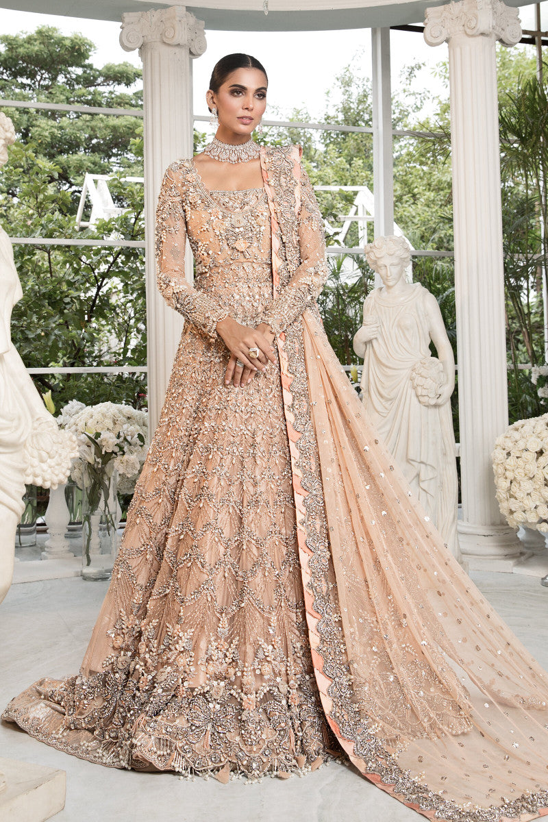 Powder Peach 3D Floral Net & Jamawar Lehenga (3-Piece) - Image 1