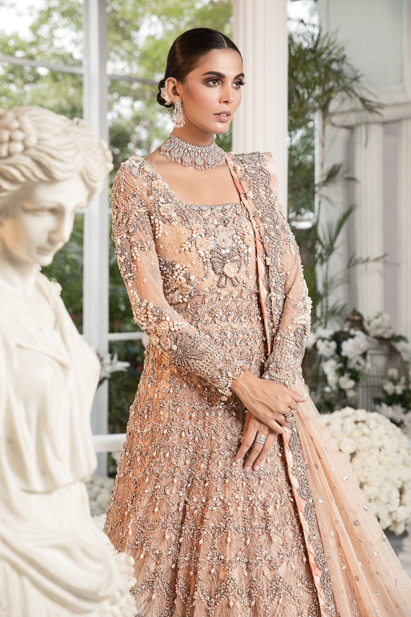 Powder Peach 3D Floral Net & Jamawar Lehenga (3-Piece) - Image 2