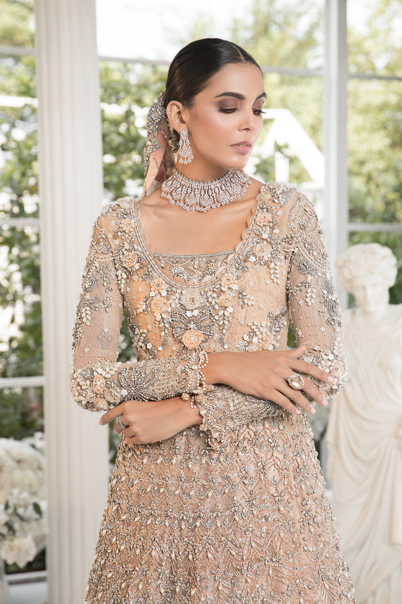 Powder Peach 3D Floral Net & Jamawar Lehenga (3-Piece) - Image 4