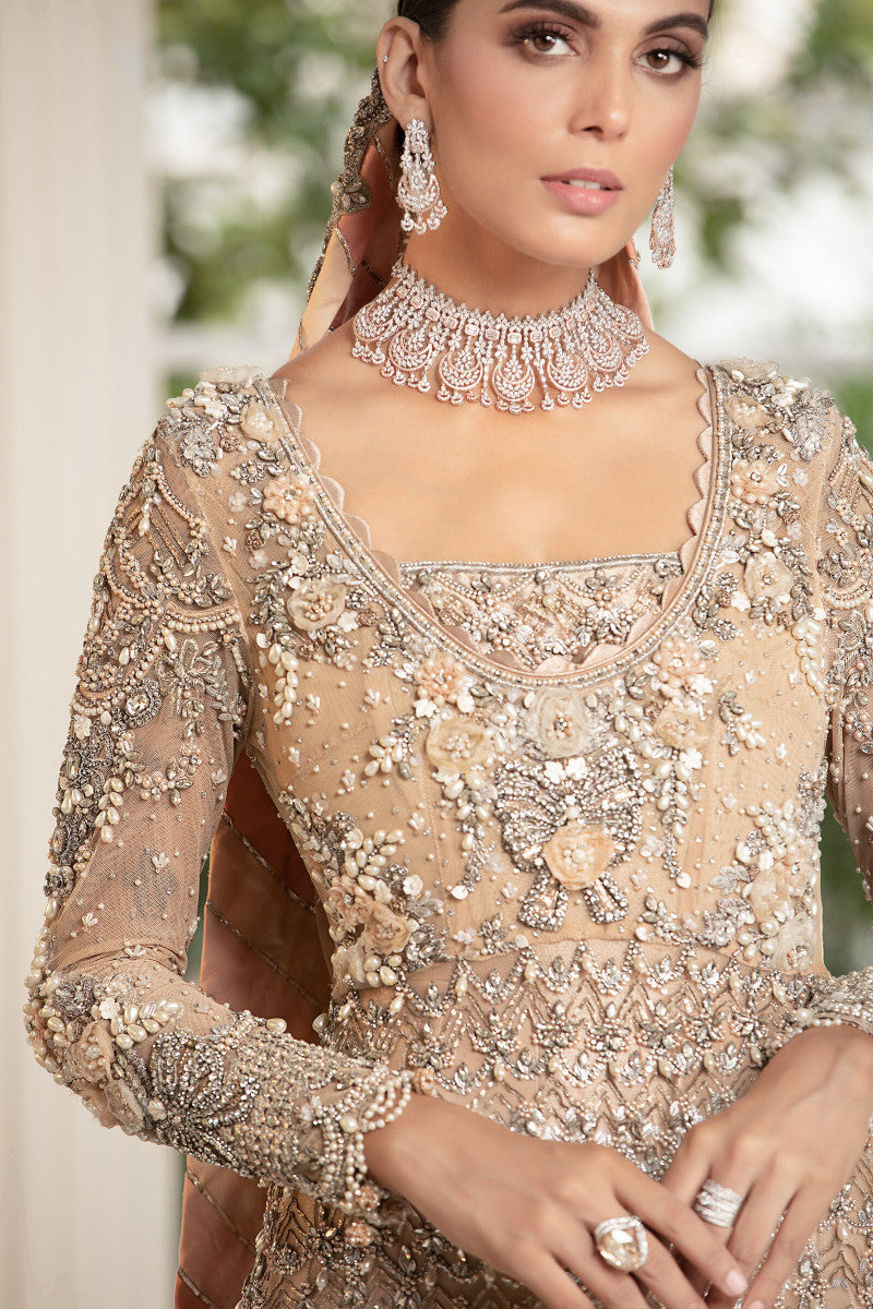 Powder Peach 3D Floral Net & Jamawar Lehenga (3-Piece) - Image 5