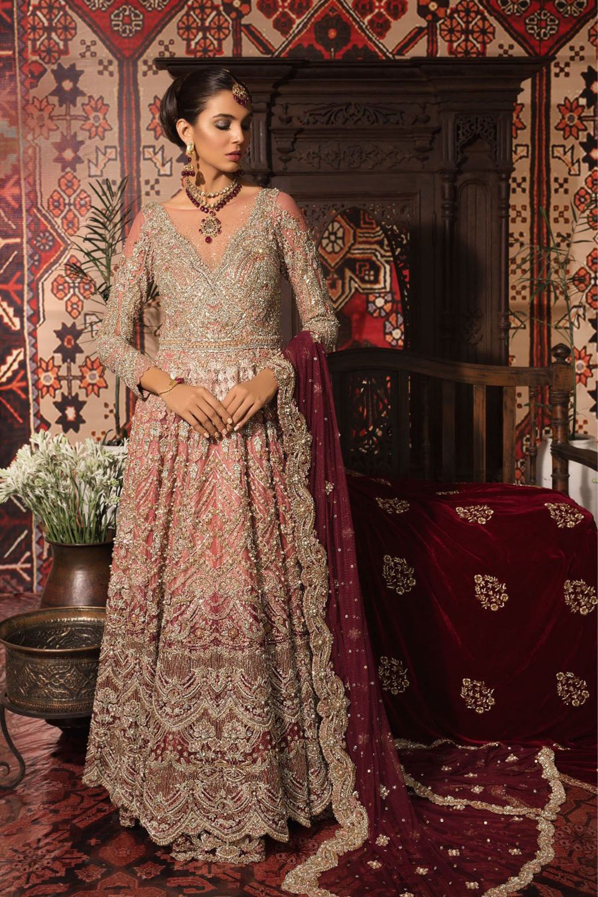 Peach to Bordeaux Ombre Net Bridal Lehenga (3-Piece) - Image 1