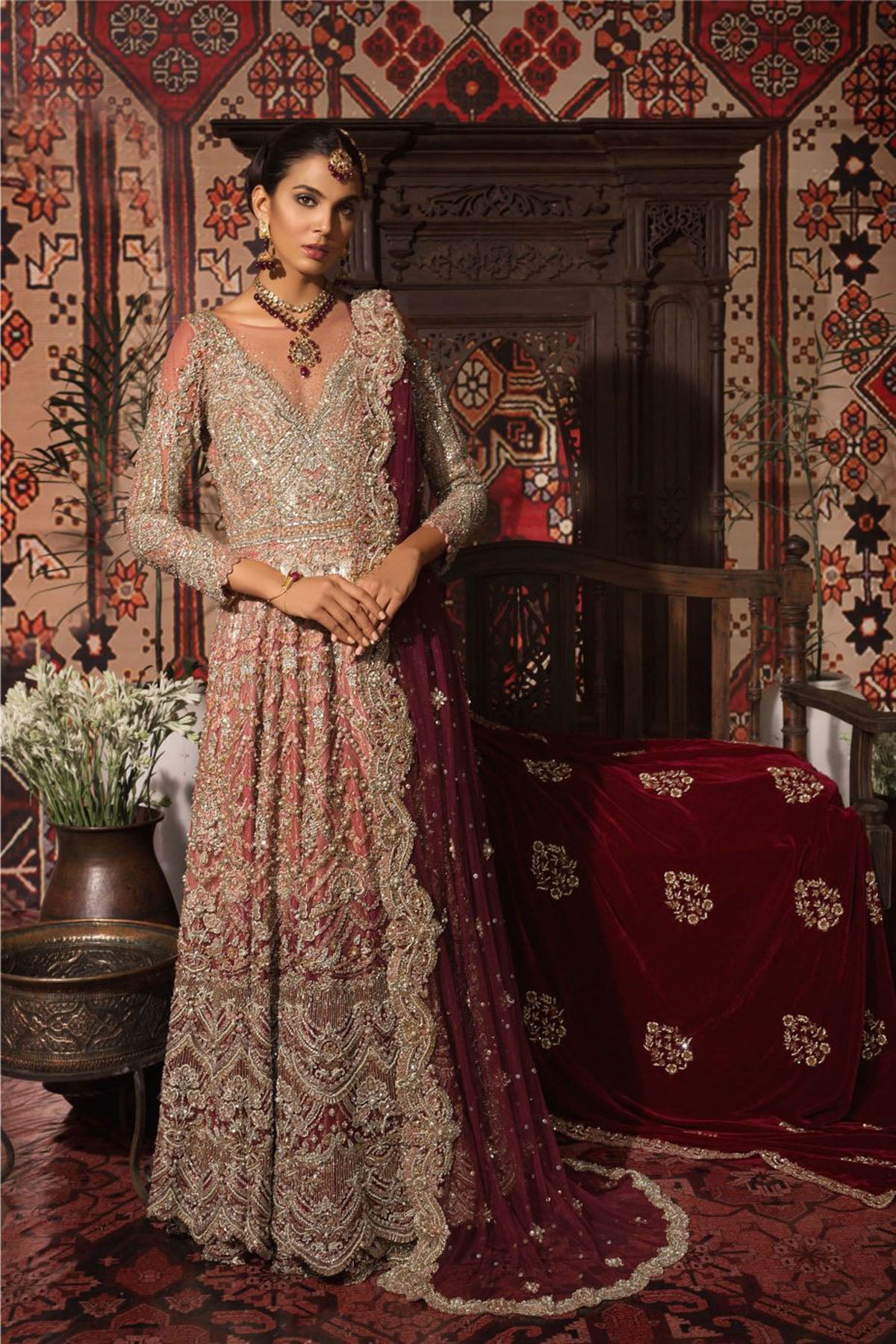 Peach to Bordeaux Ombre Net Bridal Lehenga (3-Piece) - Image 2