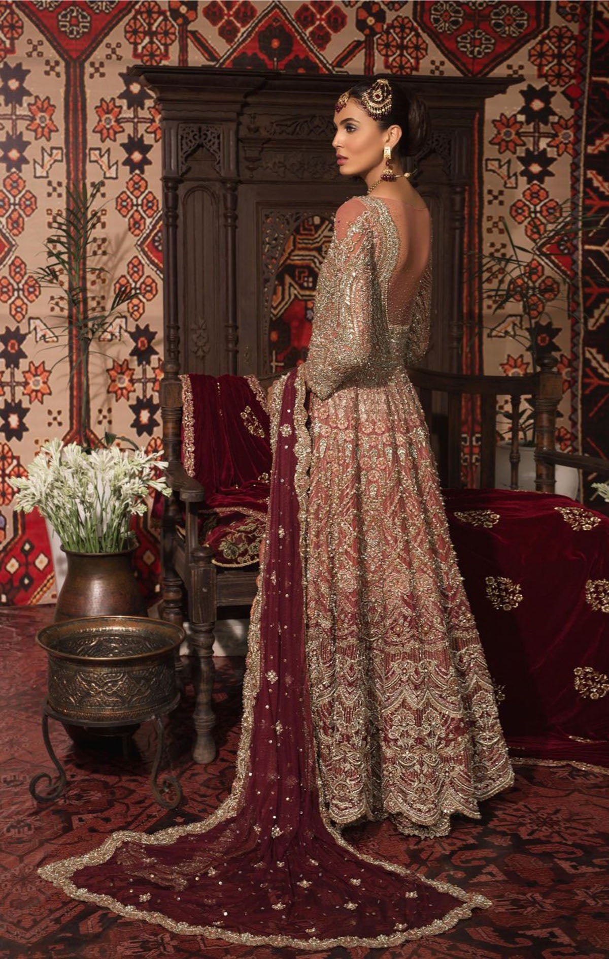Peach to Bordeaux Ombre Net Bridal Lehenga (3-Piece) - Image 3
